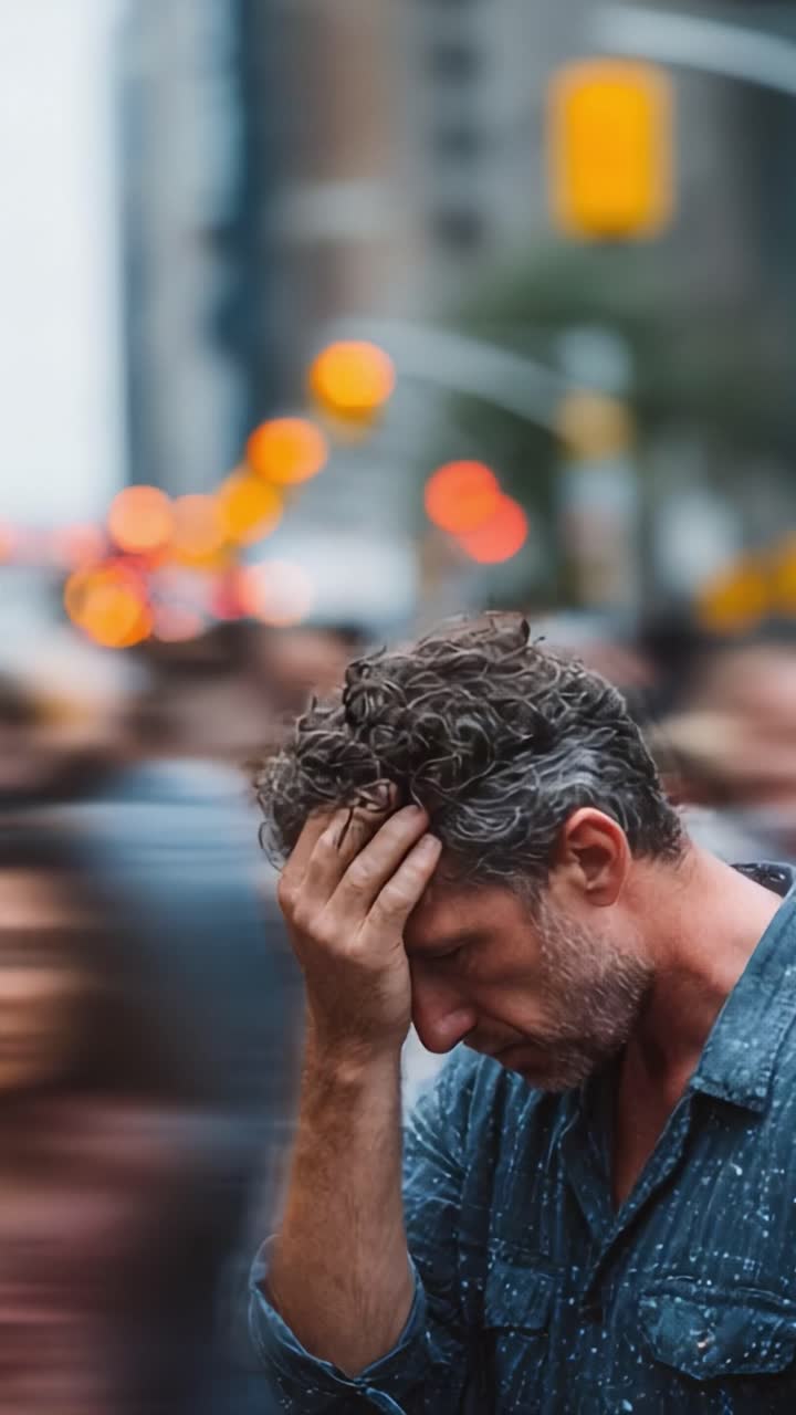 Un uomo assorto nei suoi pensieri riflette in mezzo a una folla animata, districandosi tra i suoi pensieri mentre il mondo gli scorre velocemente intorno in questa toccante scena urbana