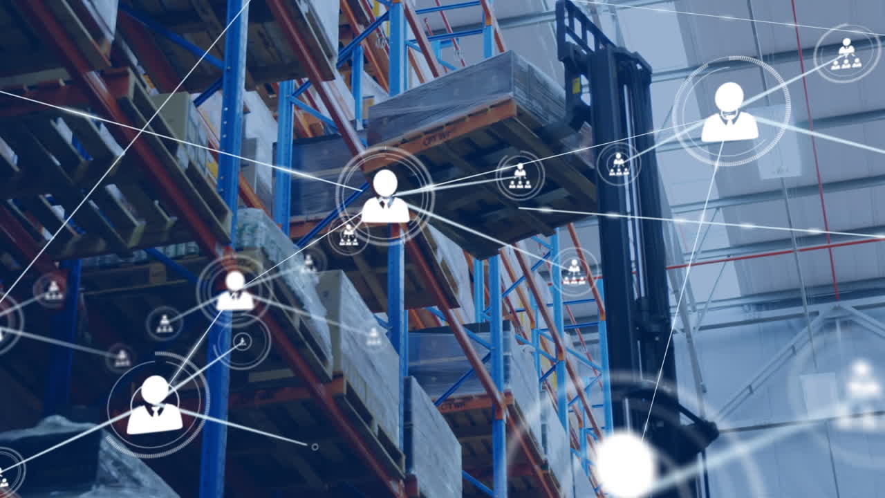 animación de la red de conexiones con iconos sobre el almacén en segundo plano