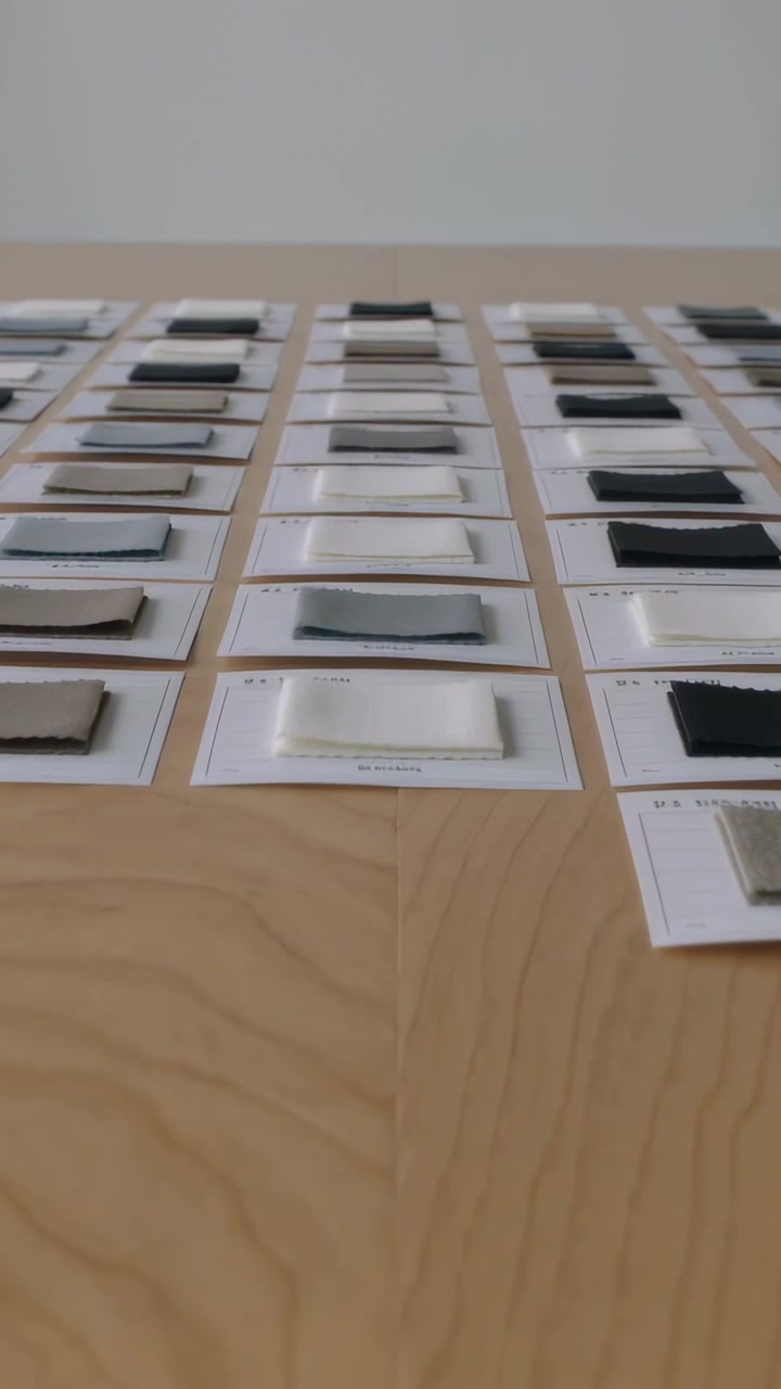 Vertical video: Tilting camera near plywood edge showing swatches on labeled cards in studio
