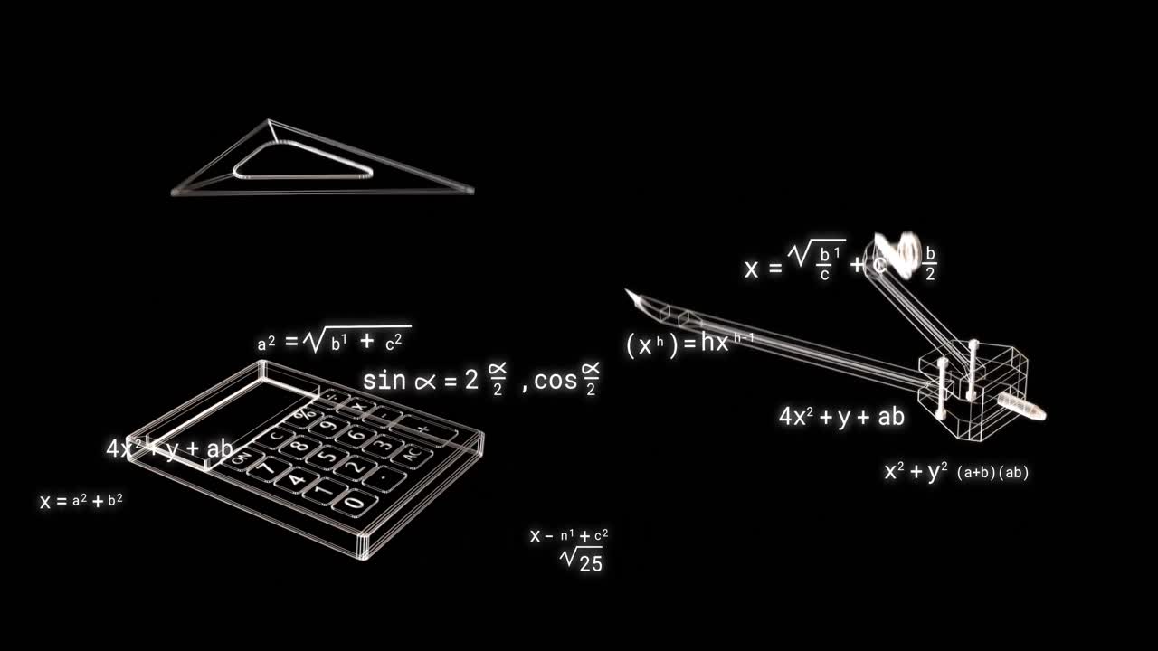 animación de iconos escolares sobre ecuaciones matemáticas sobre fondo negro