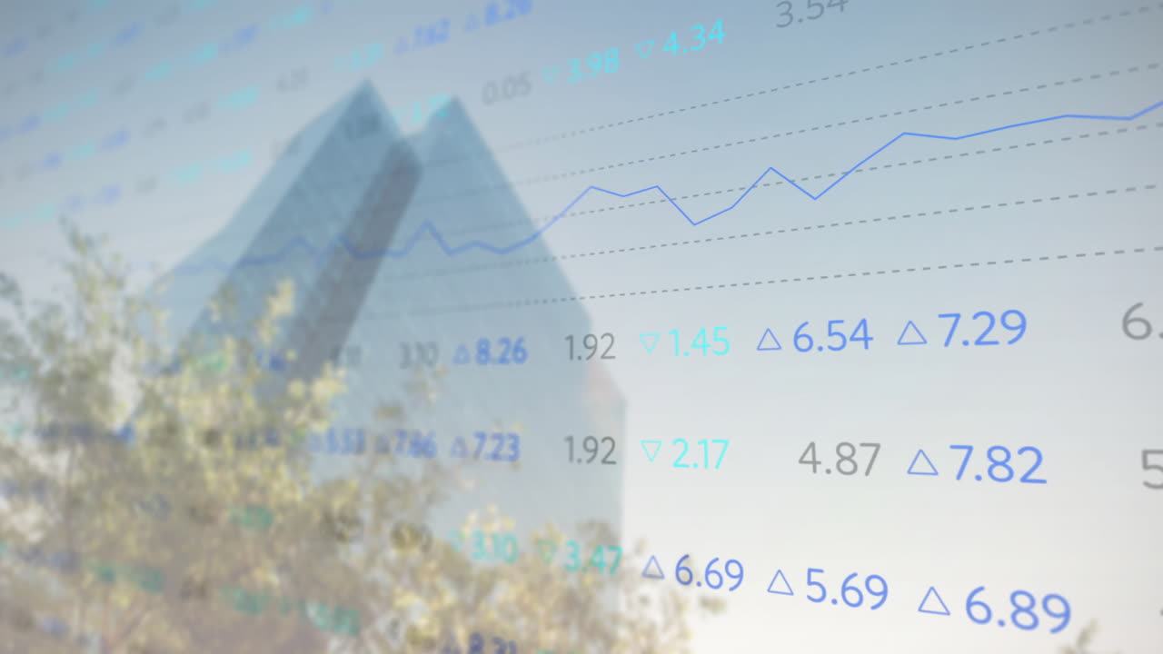 주식 시장의 애니메이션과 도시 풍경에 대한 다이어그램
