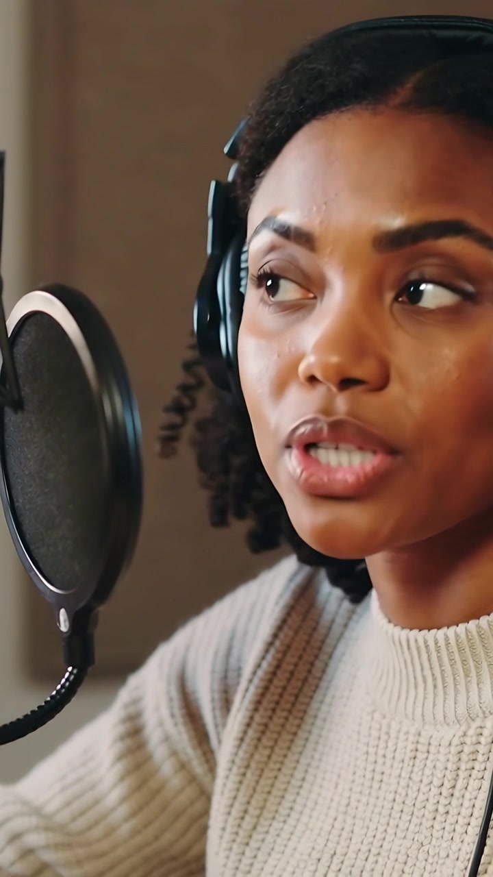 Vertikal video: Kvinde klar til optagelse ved mikrofon med popfilter indtaler replikker i studie i cremefarvet top