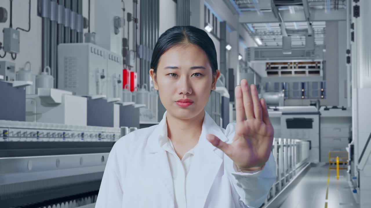 製薬工場で停止のジェスチャーをしているアジア人女性医師のクローズアップ