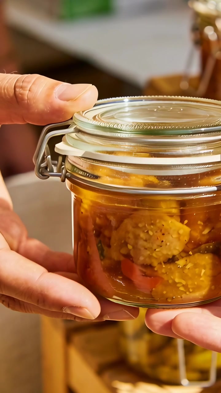 Vertical video: Left hand reaching, two hands opening glass jar clasp on stall inspecting preserves