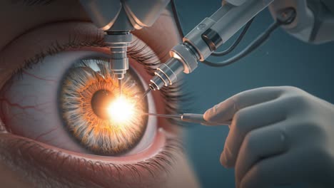 cutting-edge robotic technology performing a delicate procedure on an eye, showcasing the intricate details of the iris and the precision required in modern ophthalmology