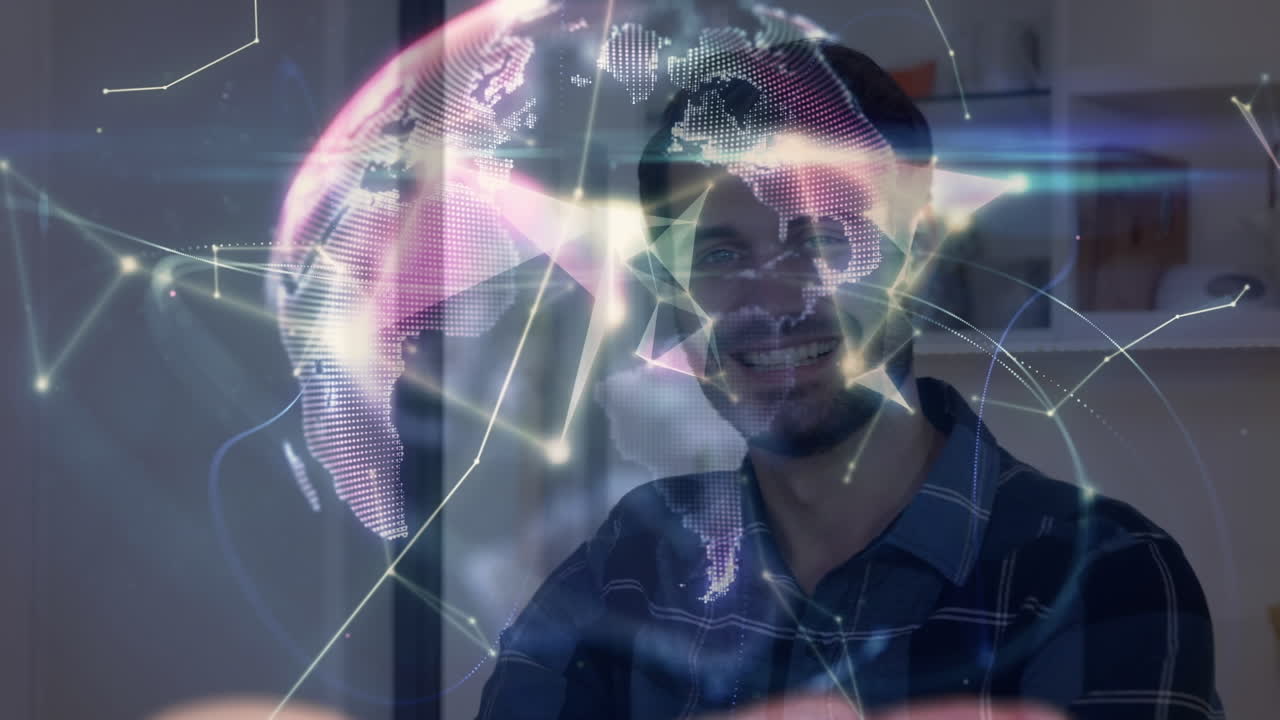 animación de formas que se mueven sobre el hombre caucásico hablando en el teléfono inteligente