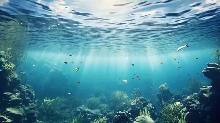 Underwater video scene capturing a serene coral reef from a low angle, showcasing sunlight filtering