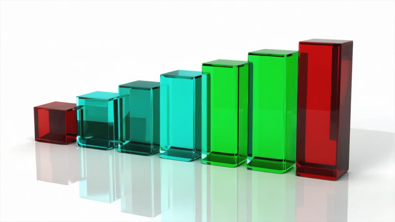 Modern 3D bar chart with green and red bars on a clean white background, representing stock market data, business trends and financial performance visualization