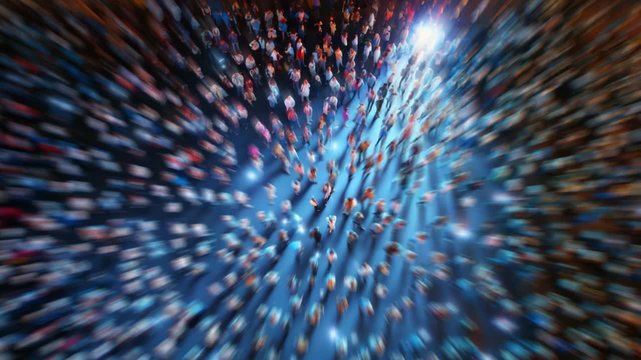 Dynamisk folkemængde: Et fængslende overblik over en farverig forsamling med pulserende lys og kinetisk energi, der fanger essensen af samhørighed og fællesskab i bevægelse ved et festligt arrangement