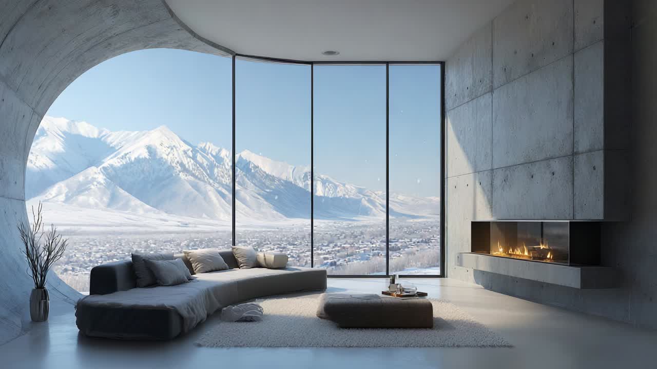 Stunning Modern Living Room with Mountain View: A Cozy Retreat Showcasing Minimalist Design, Large Windows, and a Serene Atmosphere Enhanced by a Welcoming Fireplace in a Picturesque Setting