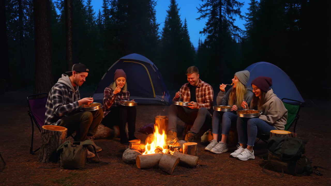 Friends Enjoying a Campfire Dinner in the Forest at Night