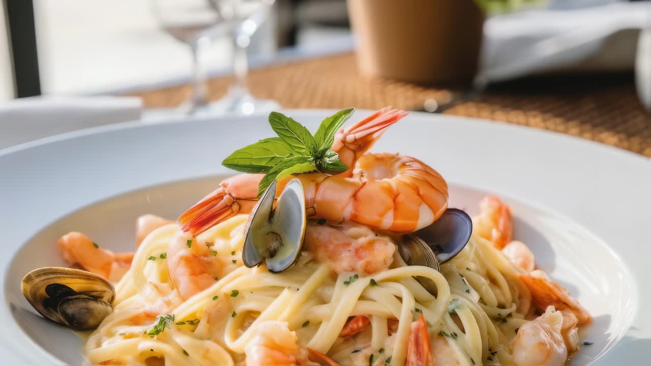 Creamy shrimp and mussel linguine served on a white plate, garnished with fresh basil leaves, creating an inviting seafood pasta dish in a restaurant setting
