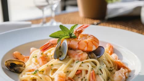 creamy shrimp and mussel linguine served on a white plate, garnished with fresh basil leaves, creating an inviting seafood pasta dish in a restaurant setting