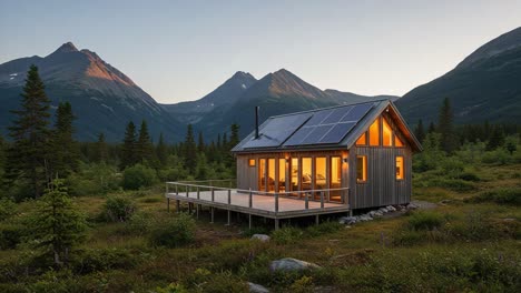 cozy mountain retreat: a modern cabin surrounded by majestic peaks and lush greenery at dusk, featuring solar panels and warm lighting for a sustainable escape