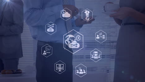 digital icons animation highlights global networking in business technology.