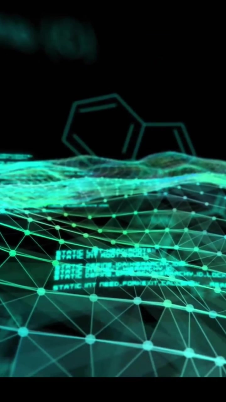 Animation of element diagrams and data processing over glowing green network waves