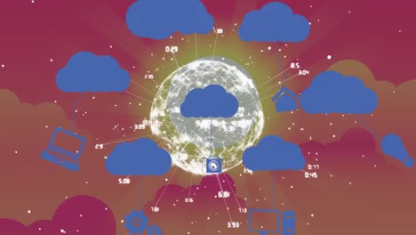 Animation-Des-Globus-Und-Netzwerks-Von-Verbindungen-über-Wolkensymbolen