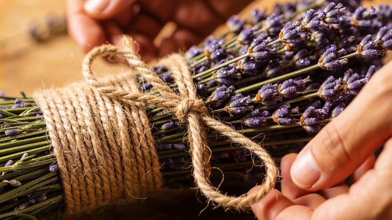 Formando un cappio e infilando l'estremità libera, mani che stringono lo spago sul tavolo, fissando un mazzetto di lavanda.