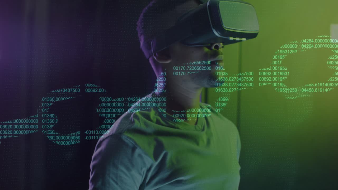 Animation af kæde over afroamerikansk mand med VR-headset i serverrum