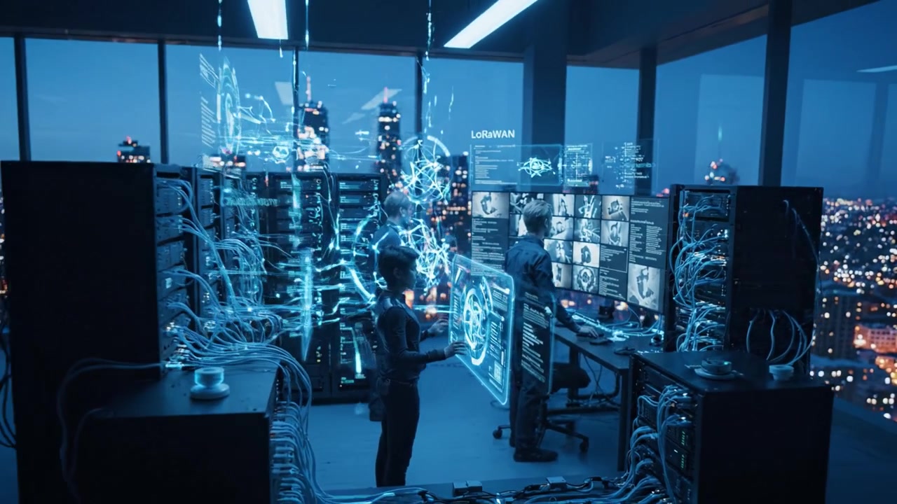 Advanced Data Center with Network Visualization: Professionals Analyzing Digital Infrastructure in a High-Tech Environment Surrounded by Urban Cityscape at Night