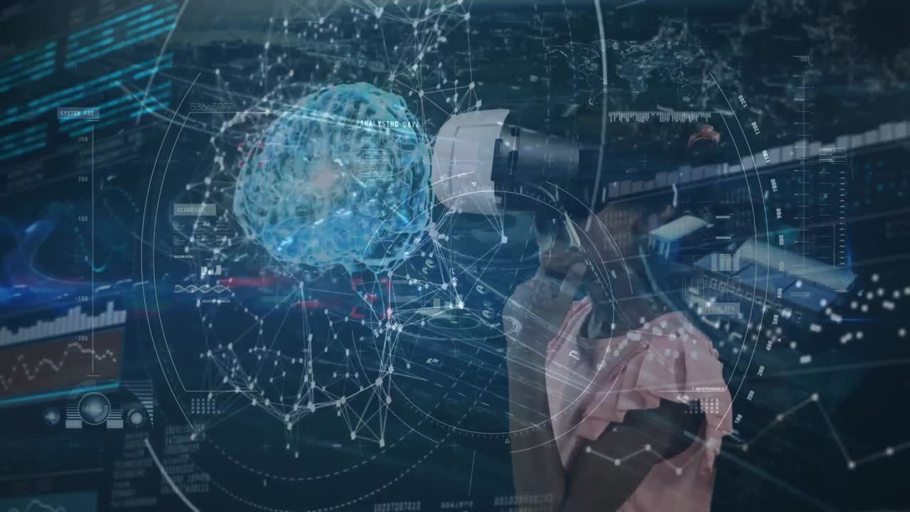 animación de escaneo de alcance y procesamiento de datos sobre una niña que usa auriculares vr