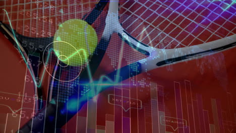 tennis racket and tennis ball being animated, overlaying digital stock charts with world map dots