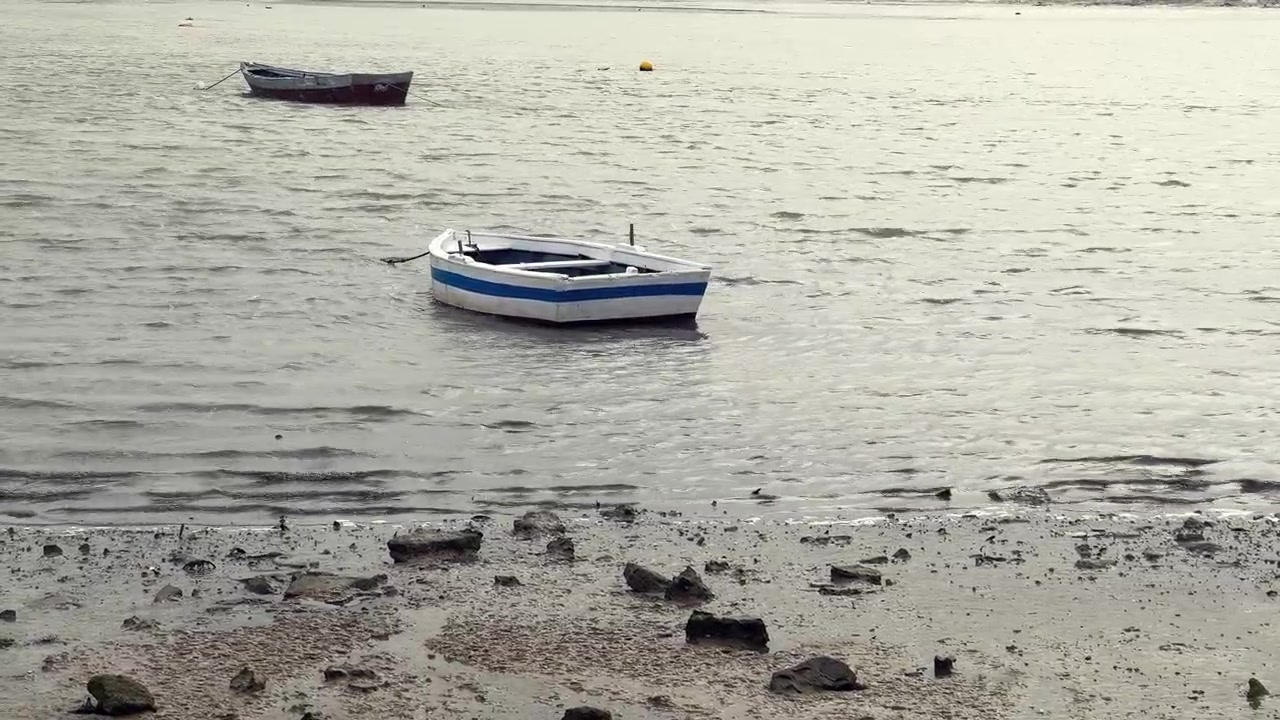 Piccola barca da pesca bianca e blu che galleggia sull'acqua increspata vicino alla riva a Barbate, Andalusia, Spagna, con un'altra barca sullo sfondo e dolci onde che lambiscono la spiaggia sabbiosa.