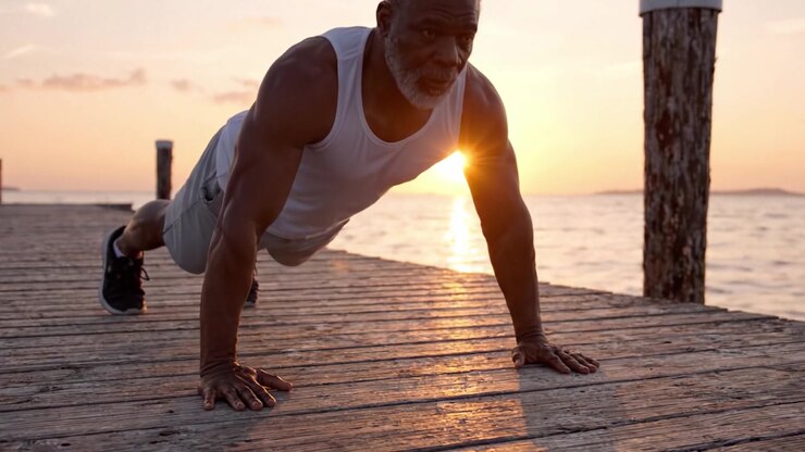 An Inspiring Sunset Workout: A Fit Individual Demonstrates Resilience and Strength While Performing Push-Ups on a Dock with a Serene, Colorful Background