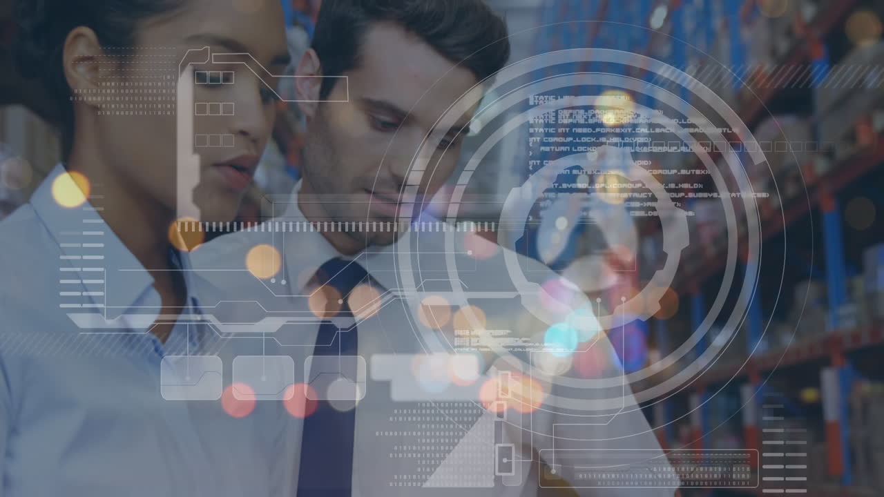 animación de la interfaz digital sobre las personas que trabajan en el almacén