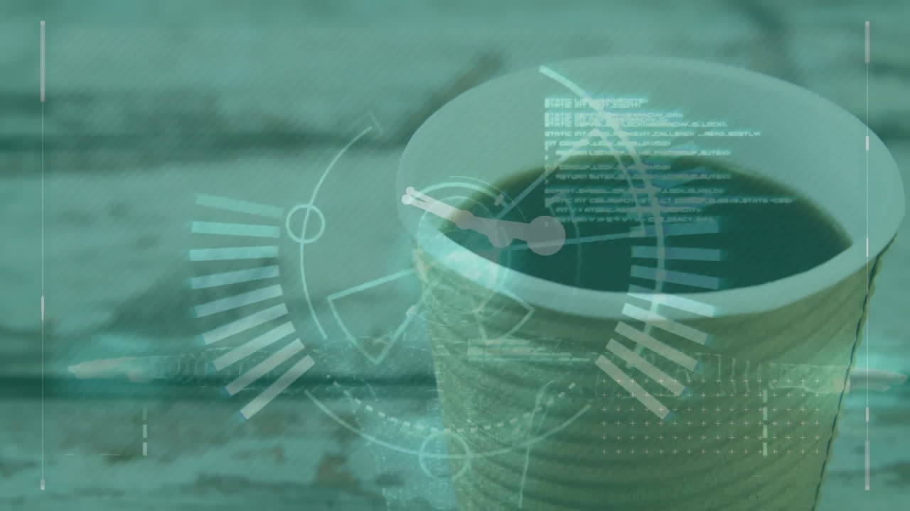 녹색 바탕에 커피 한 잔을 마시며 금융 데이터 처리의 애니메이션