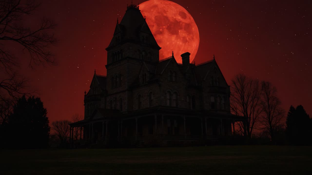 Un'atmosfera inquietante circonda una villa abbandonata illuminata da una luna di sangue, creando una scena di bellezza spettrale in una notte misteriosa