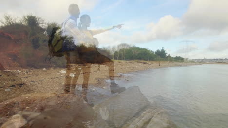 hikers exploring rocky shoreline while pointing horizon with animated health and backpack icons