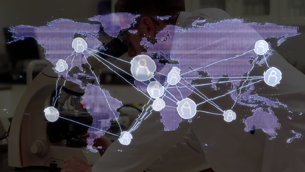 In laboratory, scientist working with global network connections animation displayed