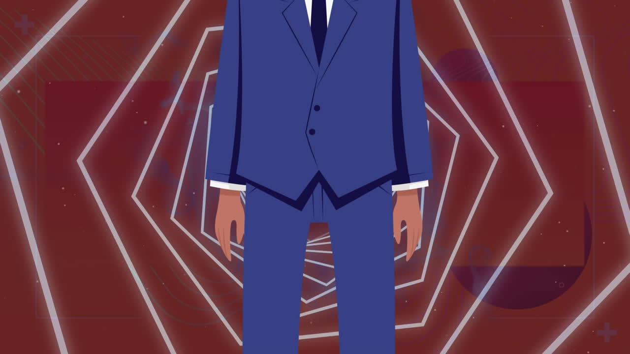 움직이는 모양 위에 얼굴 마스크 아이콘을 가진 사업가의 애니메이션