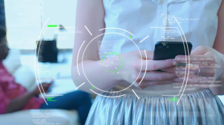Animation of data processing over businesswoman using smartphone