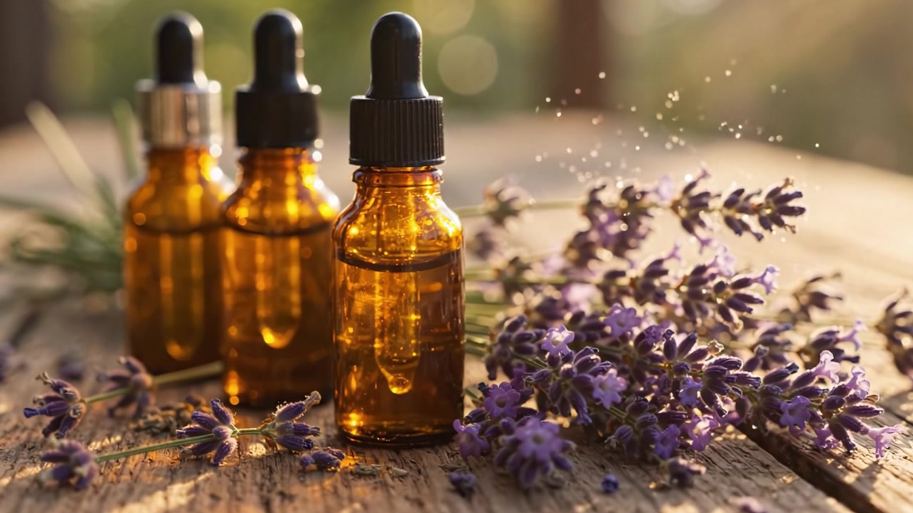 Fængslende essens af lavendelolie: Et nærbillede af aromatiske pipetter og friskplukkede lavendelblomster i et solbeskinnet miljø