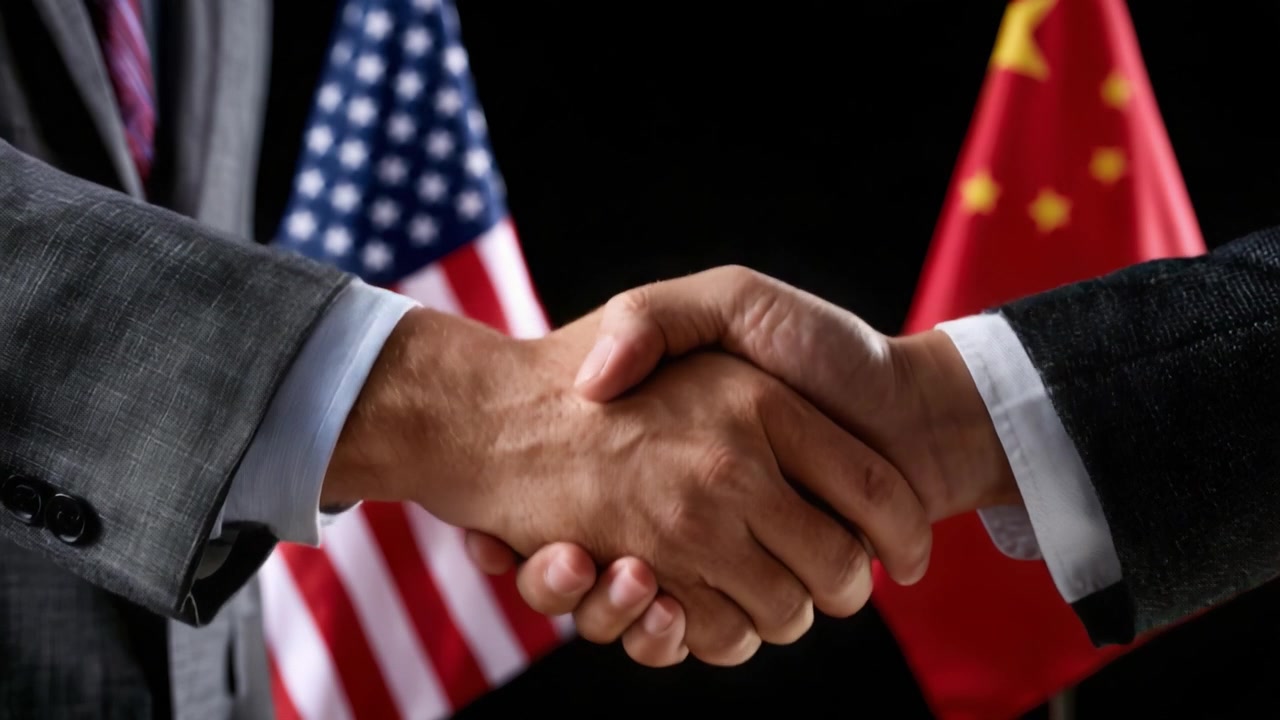 A Significant Handshake Between Representatives of Two Nations, Symbolizing Cooperation and Diplomatic Relations, in Front of National Flags During an Important Agreement