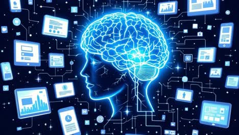 luminous neural network linking digital interfaces, social media symbols representing cognitive connectivity and knowledge absorption in technological era