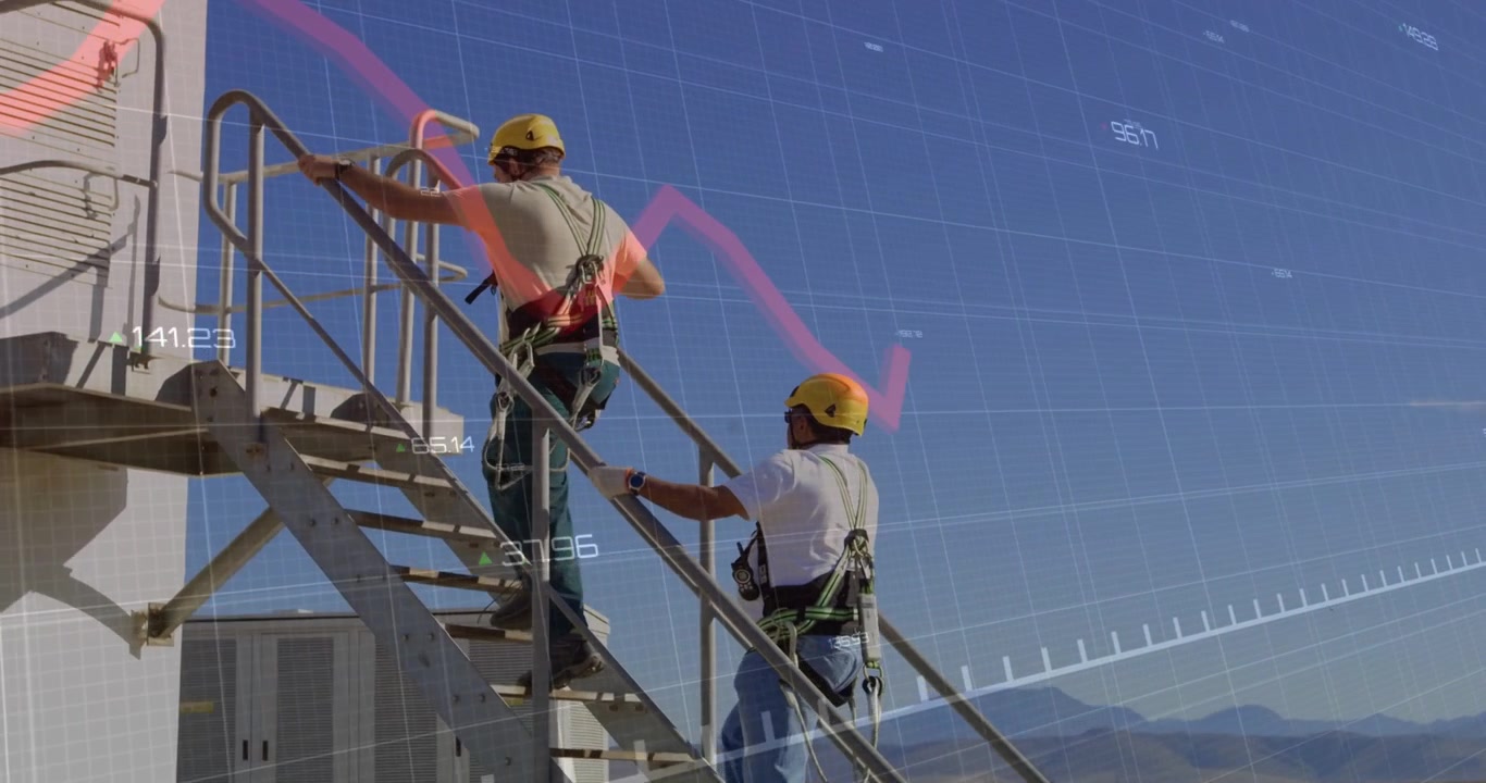 Two technicians climbing stairway after maintenance call, magenta line graph overlay tracking data