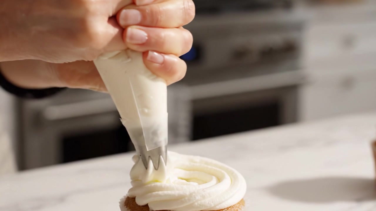 Menguasai Seni Menghias Kue: Tampilan Dekat Cupcake yang Dihias Indah dengan Lapisan Gula Krim untuk Hasil Akhir Sempurna