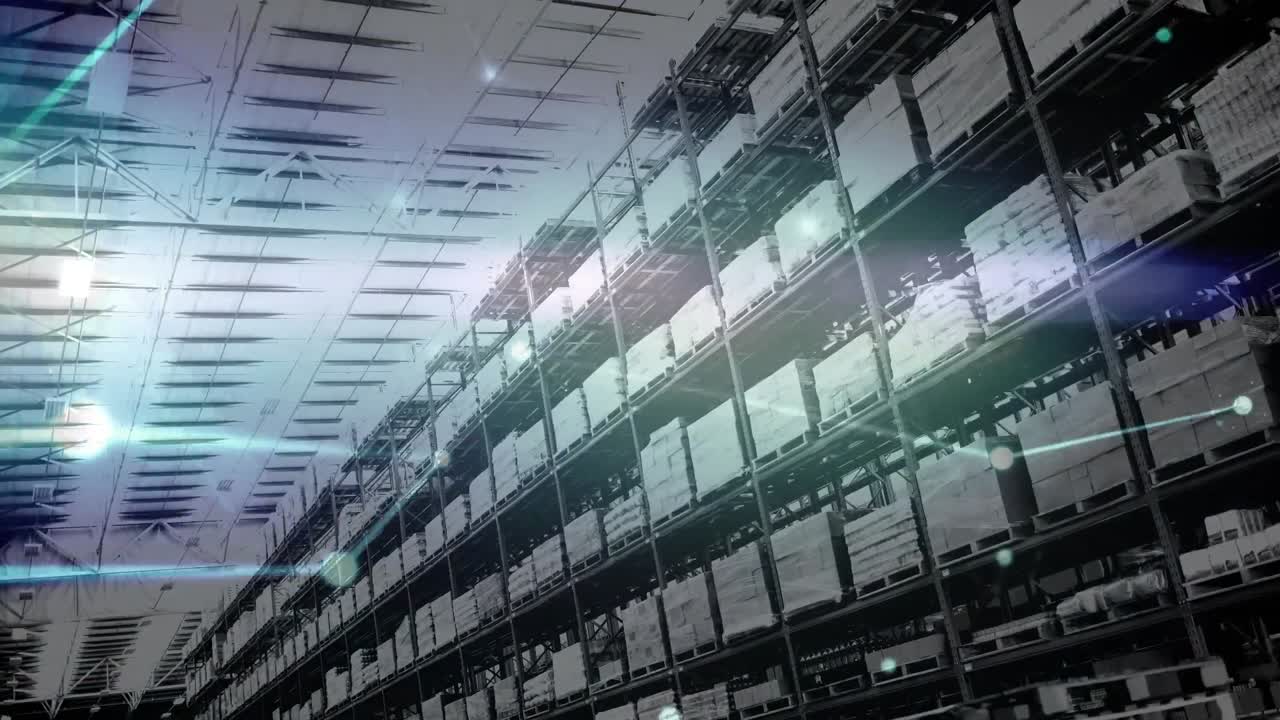 Animation of network of connections over shelves in warehouse