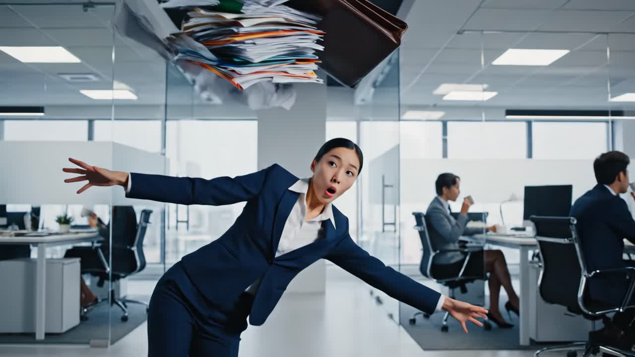 Businesswoman falling in office with papers and briefcase