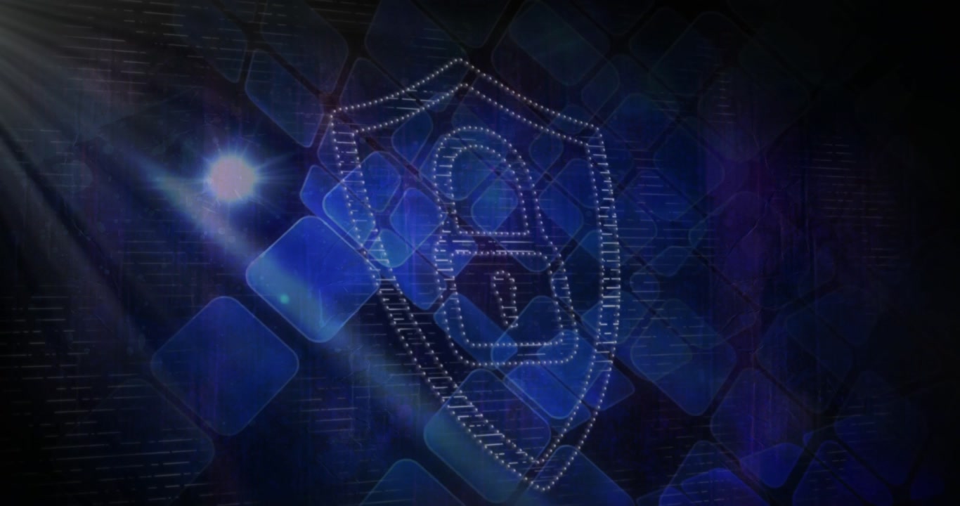 Animation of padlock icon over glowing squares on black background