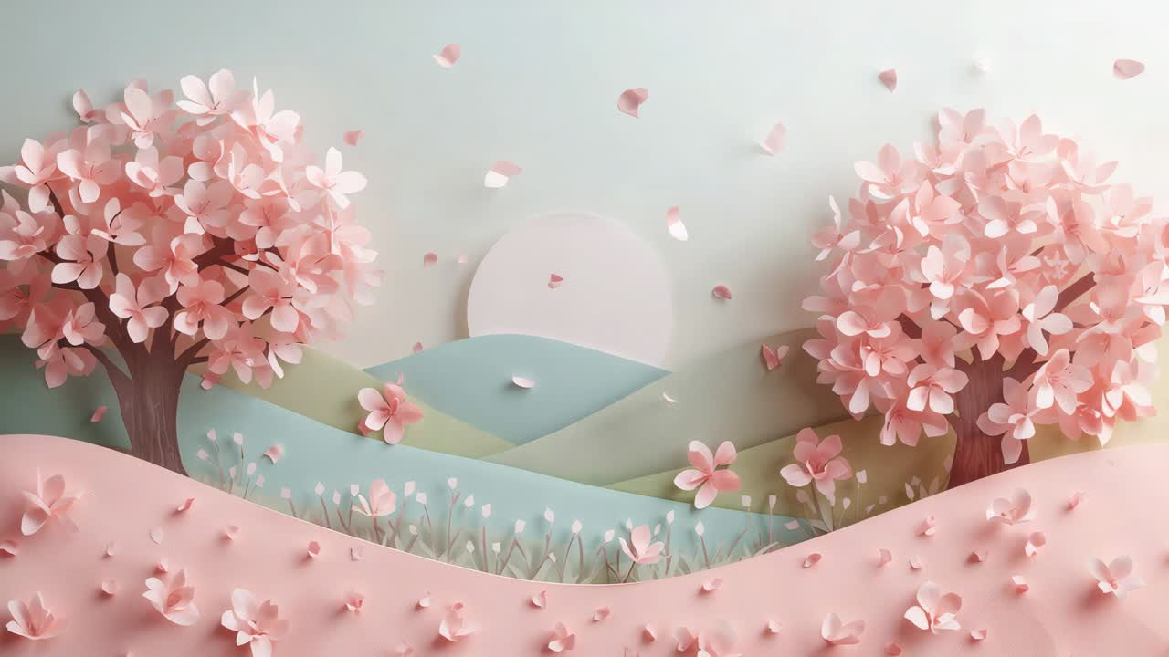 Animating paper-cut blossom scene, trees releasing petals drifting onto pink ridge, pale sun