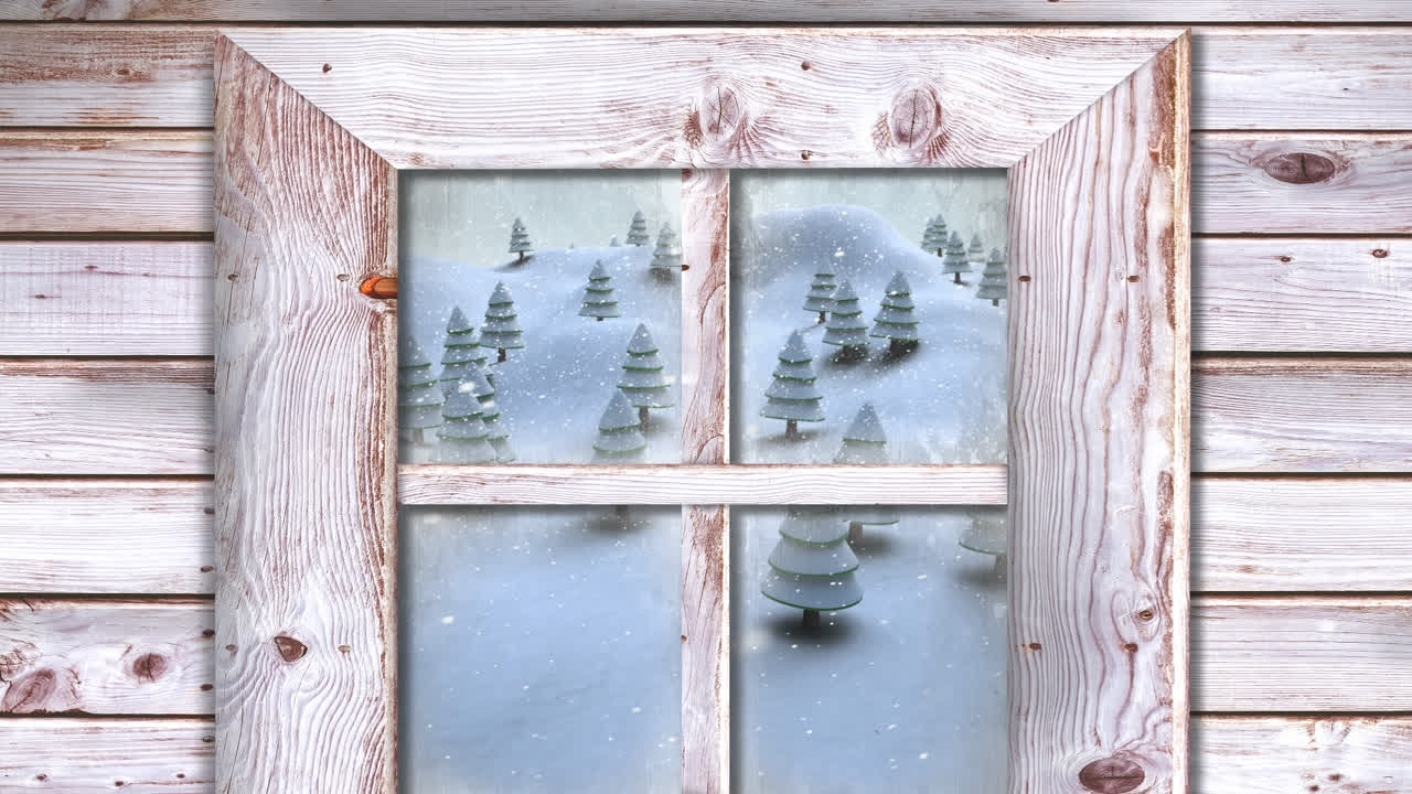 animación de nieve cayendo y paisaje de invierno de navidad visto a través de la ventana