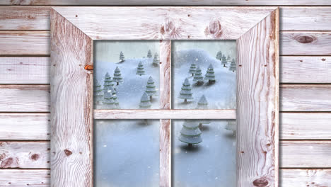 Animation of snow falling and christmas winter scenery seen through window