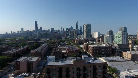 downtown chicago usa, aerial view of central buildings and towers from south neighborhood, drone shot