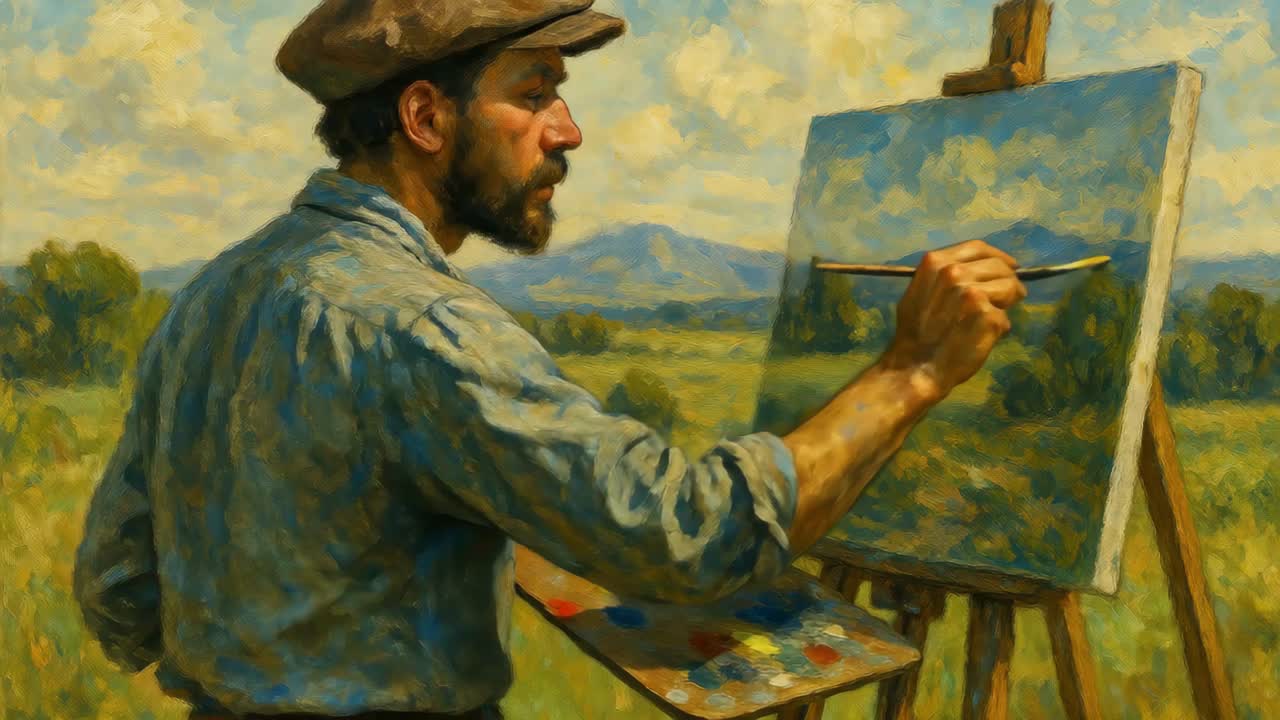 Side view of an artist painting a landscape outdoors, capturing a serene and creative moment