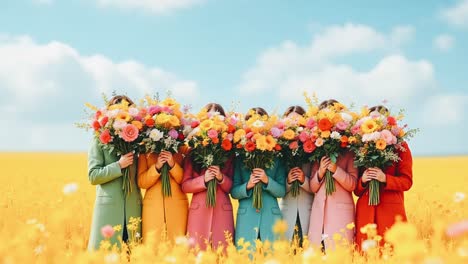women in colorful coats with flower bouquets in a yellow field