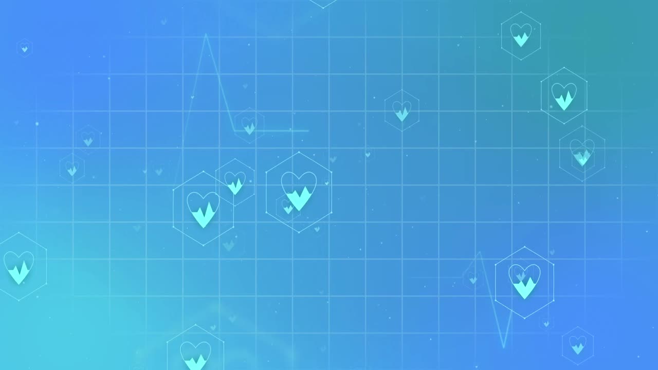 의료 아이콘의 애니메이션과 파란색 배경의 그리드 상의 데이터 처리